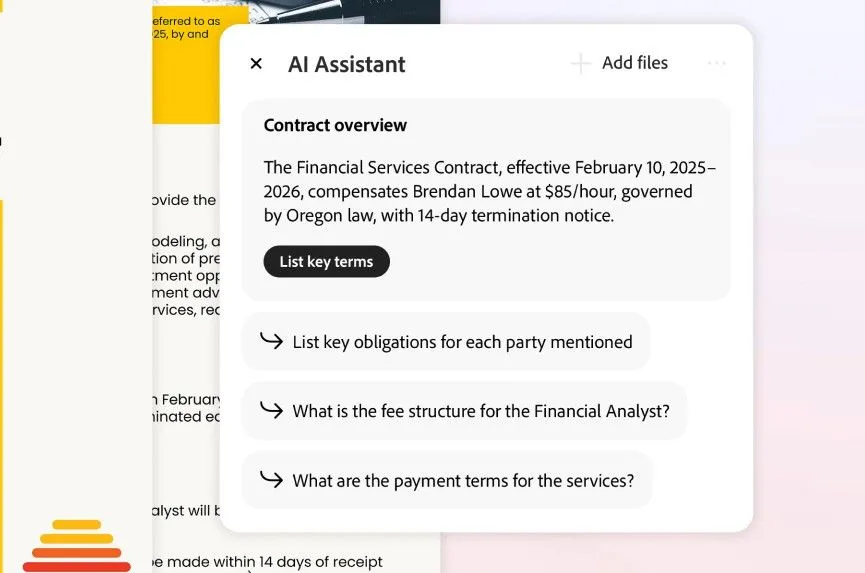 Adobe Acrobat AI liệt kê và giải thích các thuật ngữ chính trong một hợp đồng, giúp người dùng dễ dàng nắm bắt nội dung pháp lý.