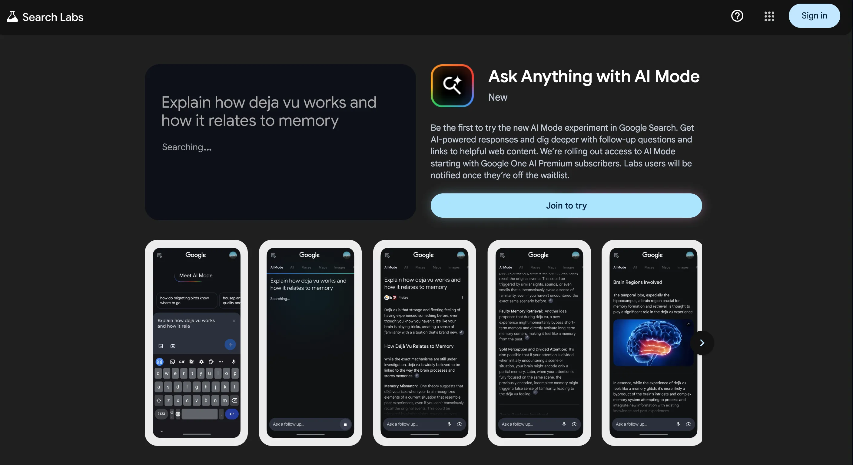 AI Mode của Google trong Google Labs hiển thị danh sách chờ