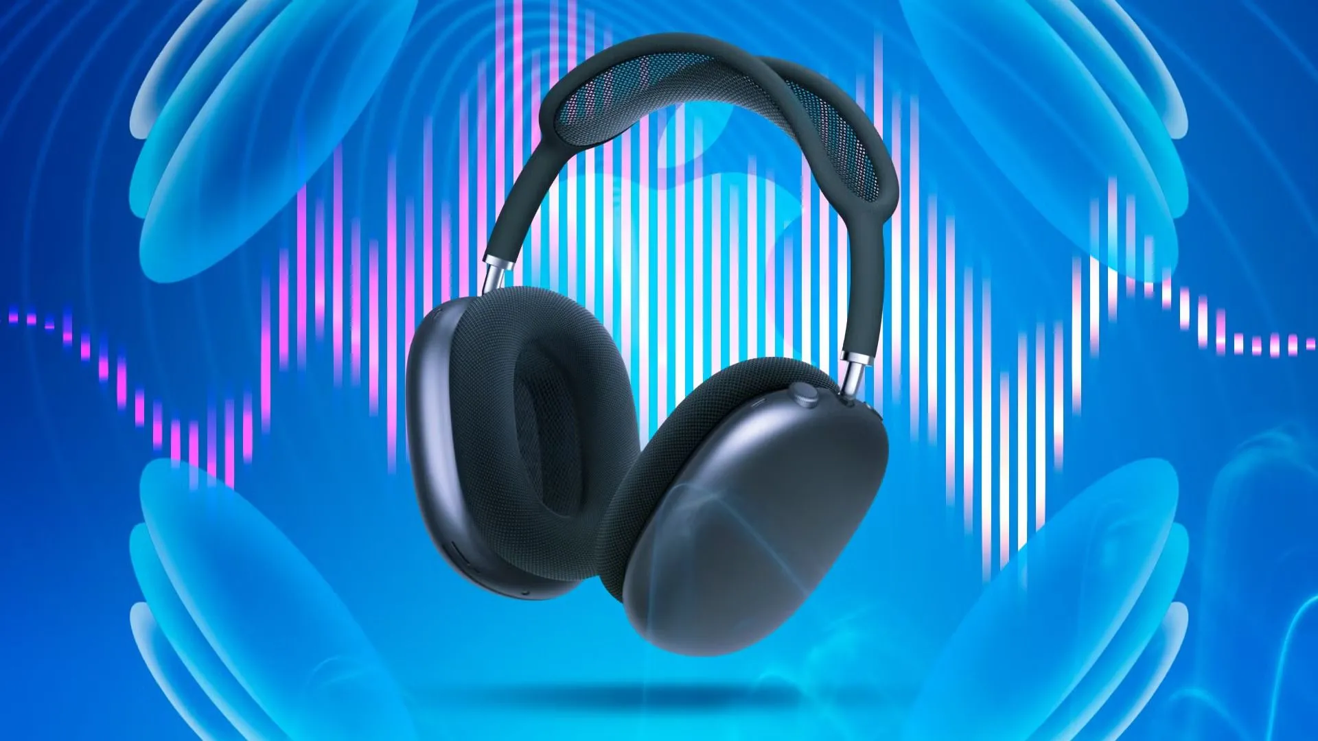AirPods Max hiển thị sóng âm thanh màu tím bay xung quanh