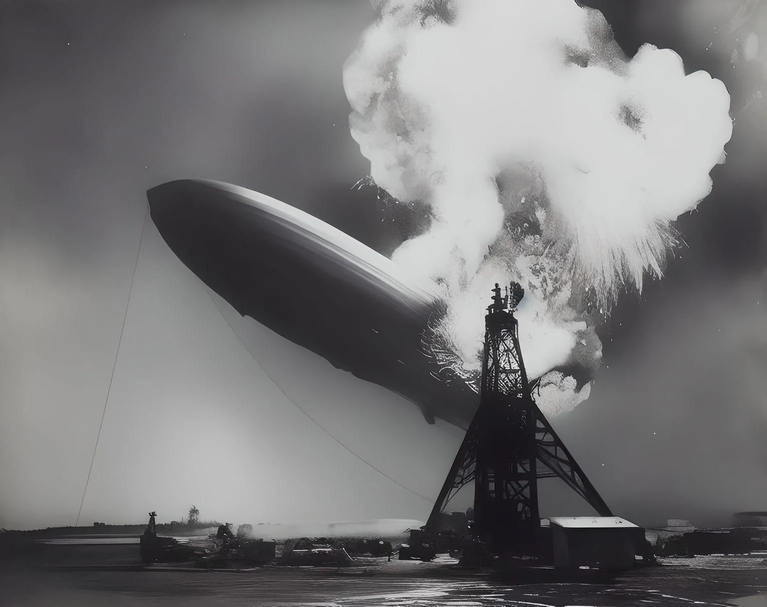 Ảnh AI tái tạo thảm họa Hindenburg bằng Fotor AI image-to-image, rất khó phân biệt với ảnh gốc về bố cục tổng thể.