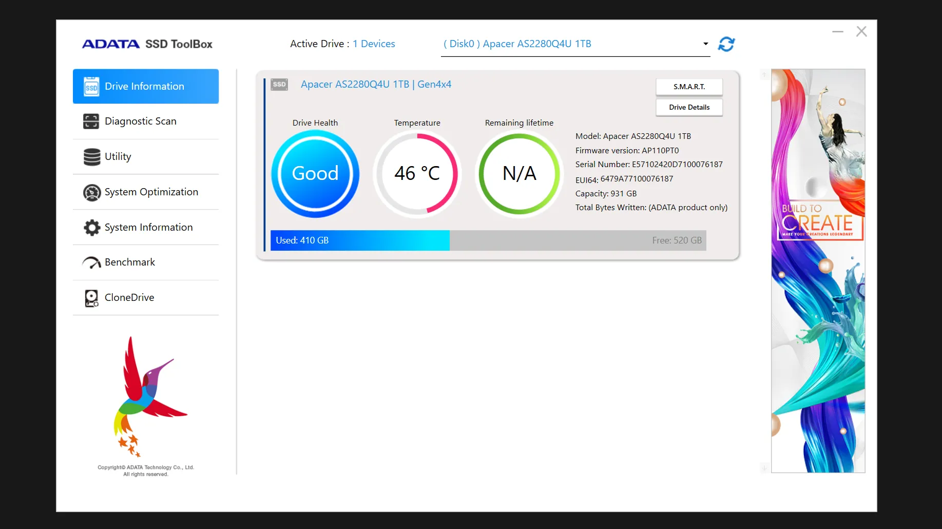 Ảnh chụp màn hình ADATA SSD Toolbox hiển thị trạng thái sức khỏe của ổ cứng NVMe SSD, bao gồm các thông số quan trọng như nhiệt độ và tuổi thọ còn lại.