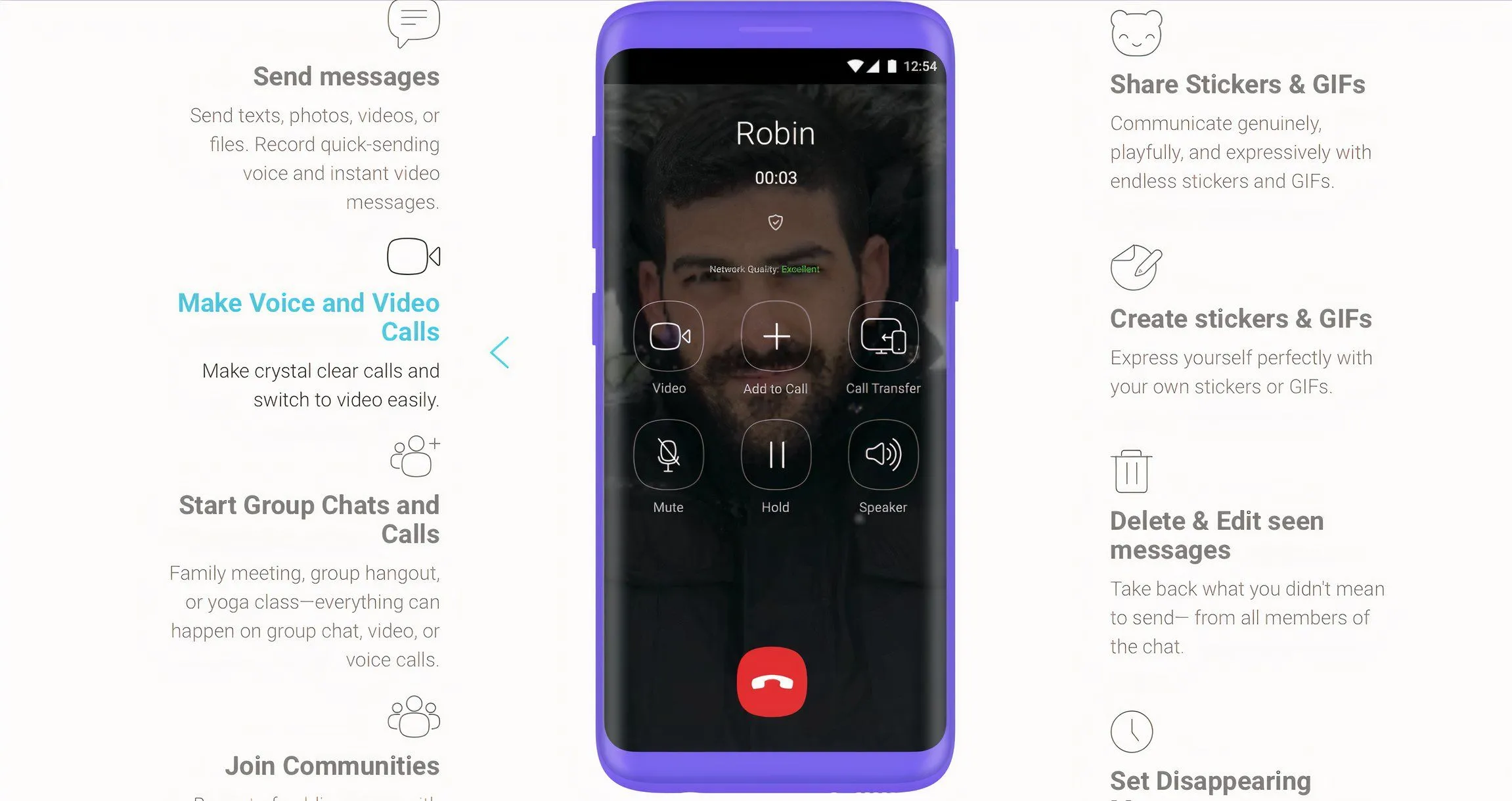 Ảnh chụp màn hình các tính năng và dịch vụ của Viber, bao gồm nhắn tin, gọi điện và gọi video.
