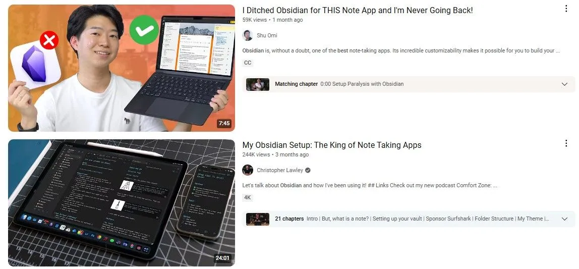 Ảnh chụp màn hình các video YouTube về Obsidian và quản lý kiến thức, thể hiện sự phổ biến của các &quot;chuyên gia năng suất&quot;