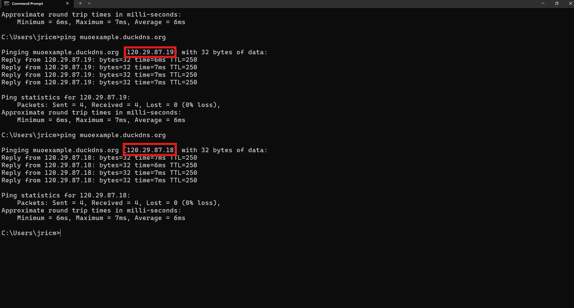 Ảnh chụp màn hình cho thấy kết quả kiểm tra thành công của dịch vụ Dynamic DNS DuckDNS, xác nhận tên miền vẫn hoạt động chính xác sau khi địa chỉ IP thay đổi.
