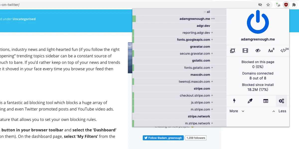 Ảnh chụp màn hình menu uBlock Origin với biểu tượng Dashboard được tô sáng