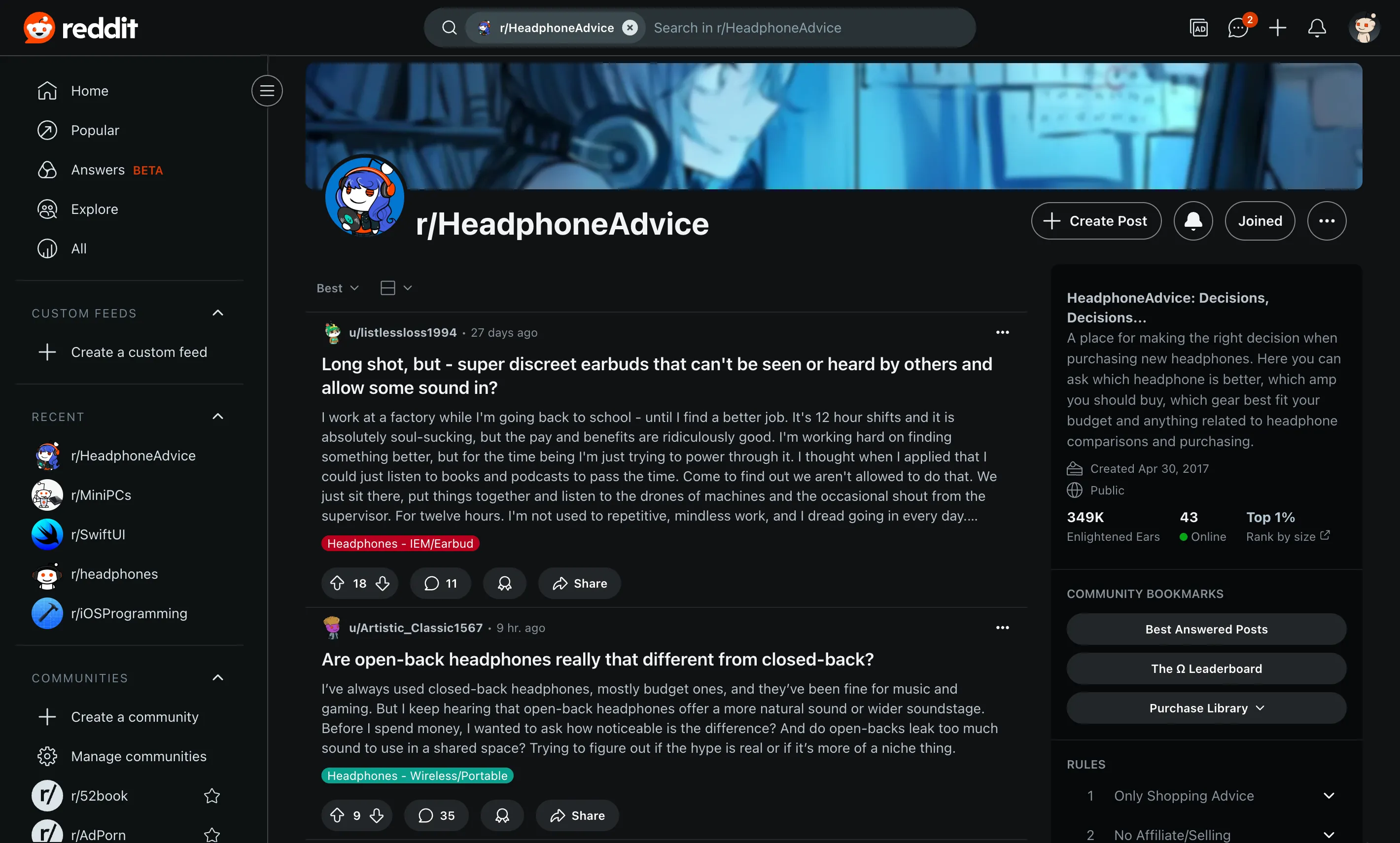Ảnh chụp màn hình subreddit tư vấn tai nghe trên Reddit, minh họa việc tìm kiếm lời khuyên đáng tin cậy từ cộng đồng trực tuyến