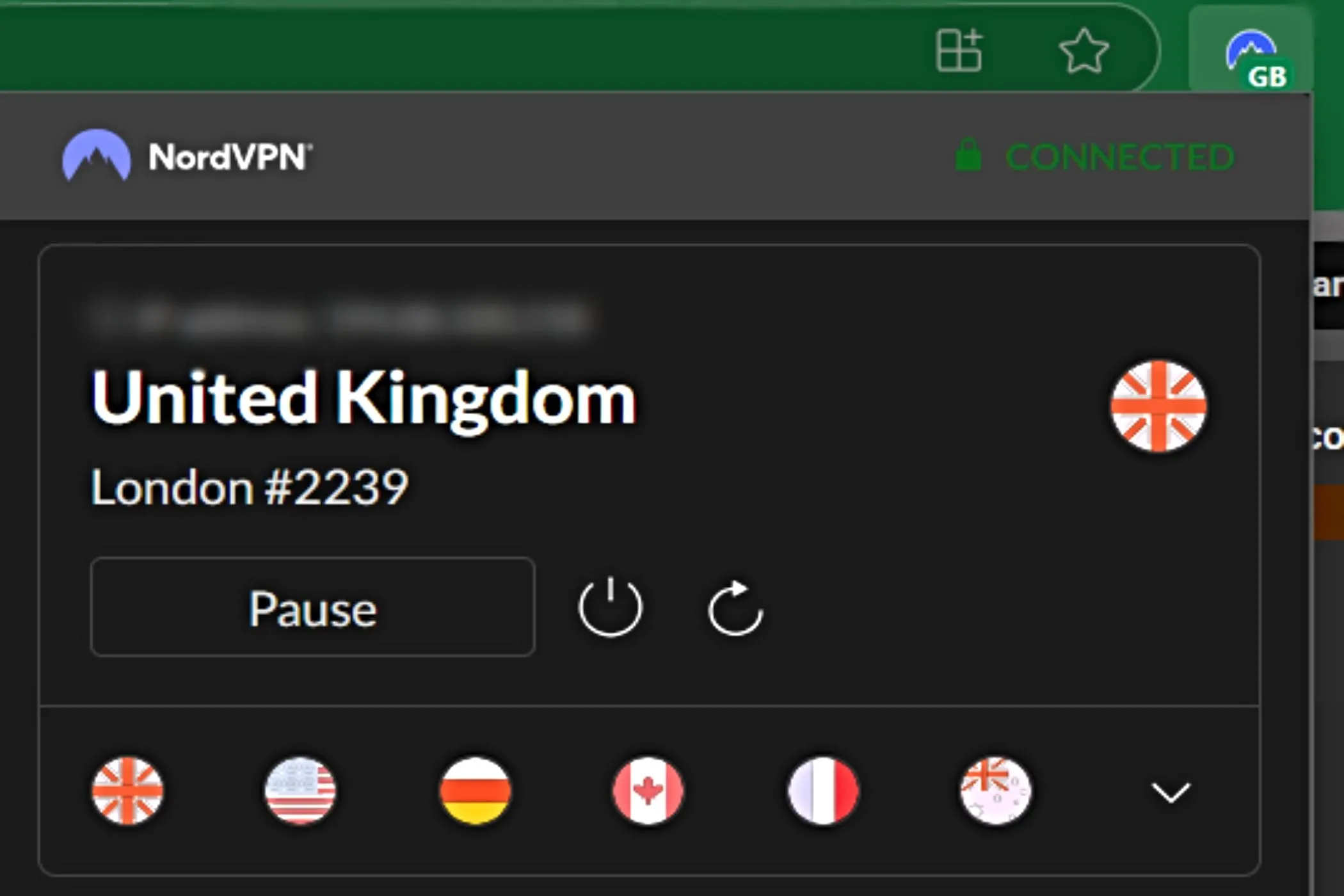 Ảnh chụp màn hình tiện ích mở rộng NordVPN trên trình duyệt Microsoft Edge, thể hiện khả năng kiểm soát VPN trực tiếp từ trình duyệt.