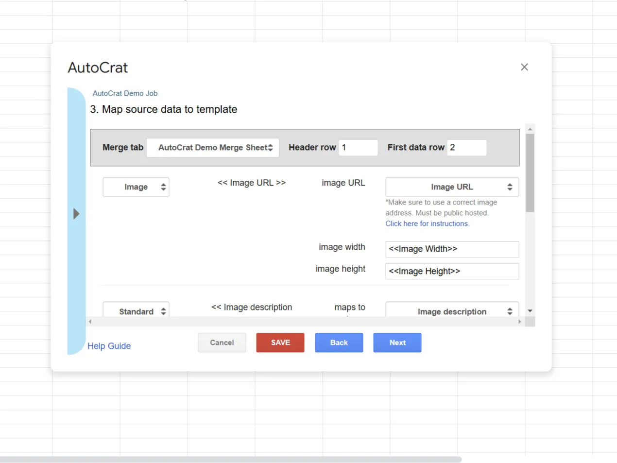Autocrat đang tự động chèn dữ liệu từ Google Sheets vào một mẫu tài liệu tùy chỉnh