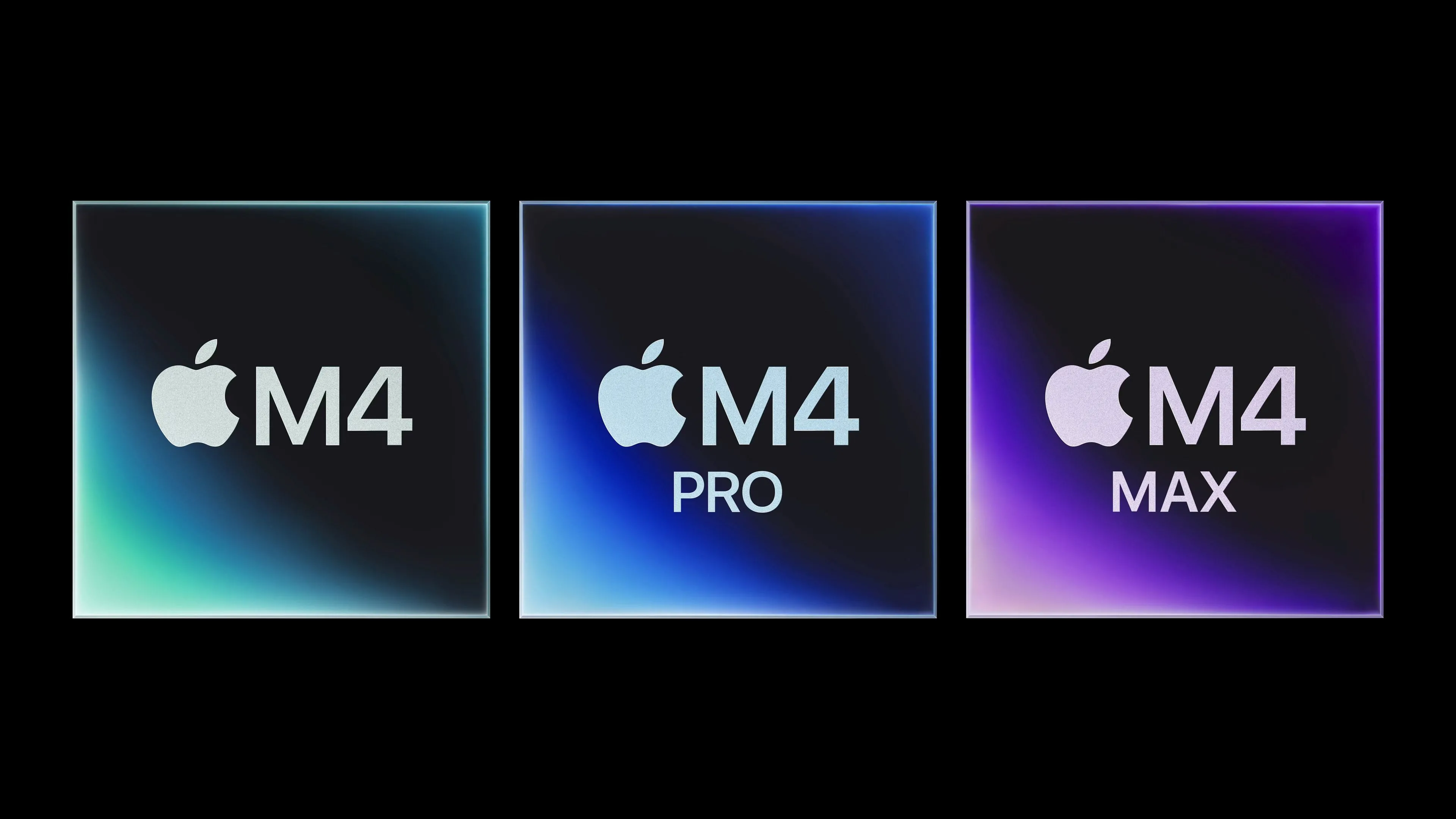 Ba chip Apple M4, M4 Pro và M4 Max đặt cạnh nhau cho thấy sự đa dạng của dòng chip Apple Silicon.