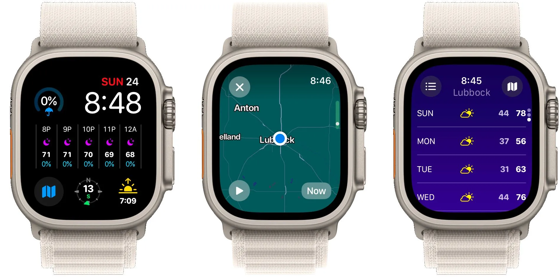 Ba màn hình ứng dụng Carrot Weather trên Apple Watch hiển thị các loại dữ liệu thời tiết khác nhau