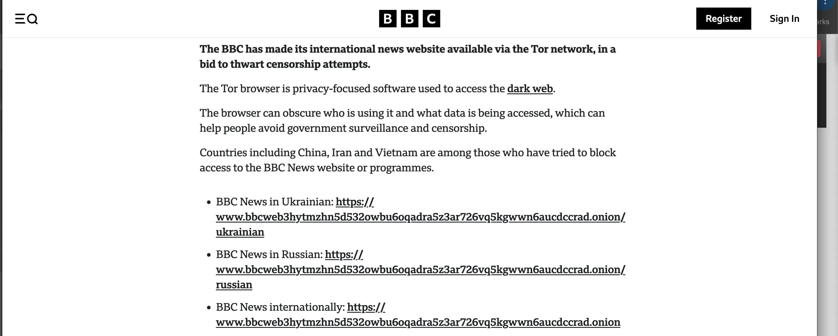 Bài viết của BBC minh họa cách các tổ chức uy tín công bố địa chỉ .onion chính thức của họ, giúp người dùng xác thực.