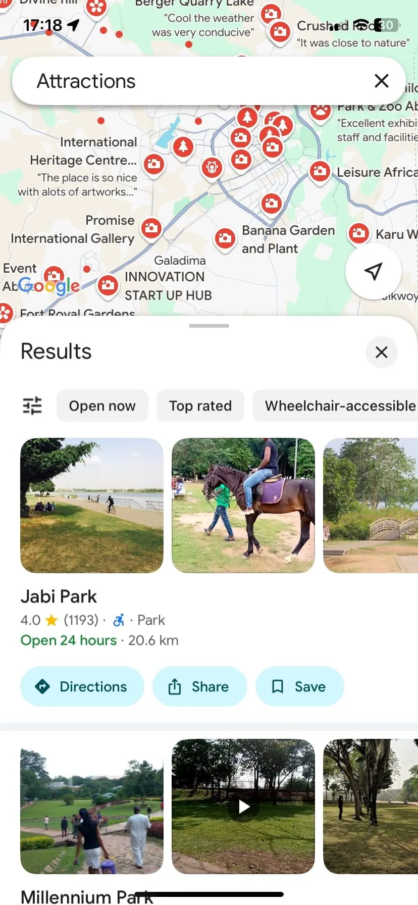Bản đồ Google Maps hiển thị các điểm du lịch nổi bật tại Abuja, Nigeria