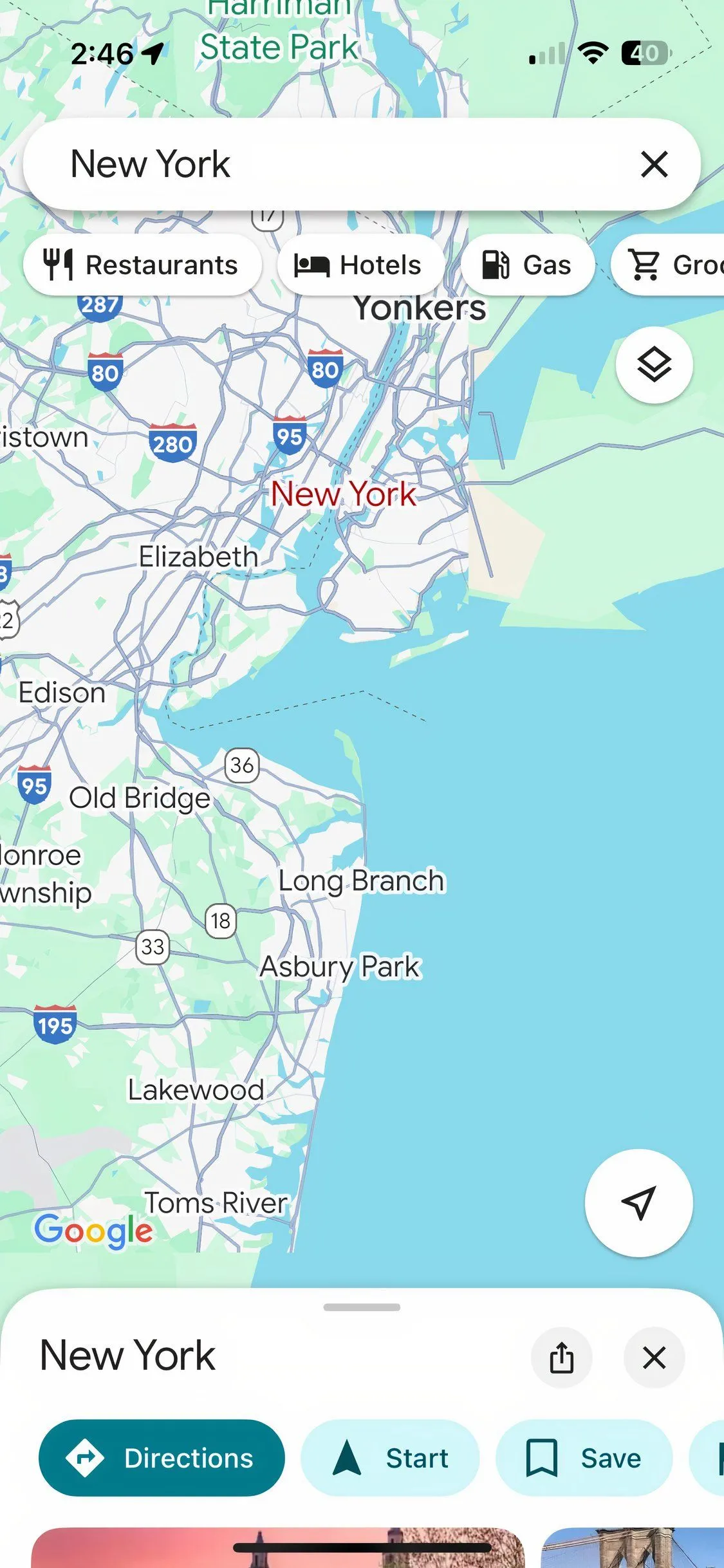 Bản đồ New York trên Google Maps hiển thị tuyến đường và các điểm quan tâm, hỗ trợ tìm kiếm