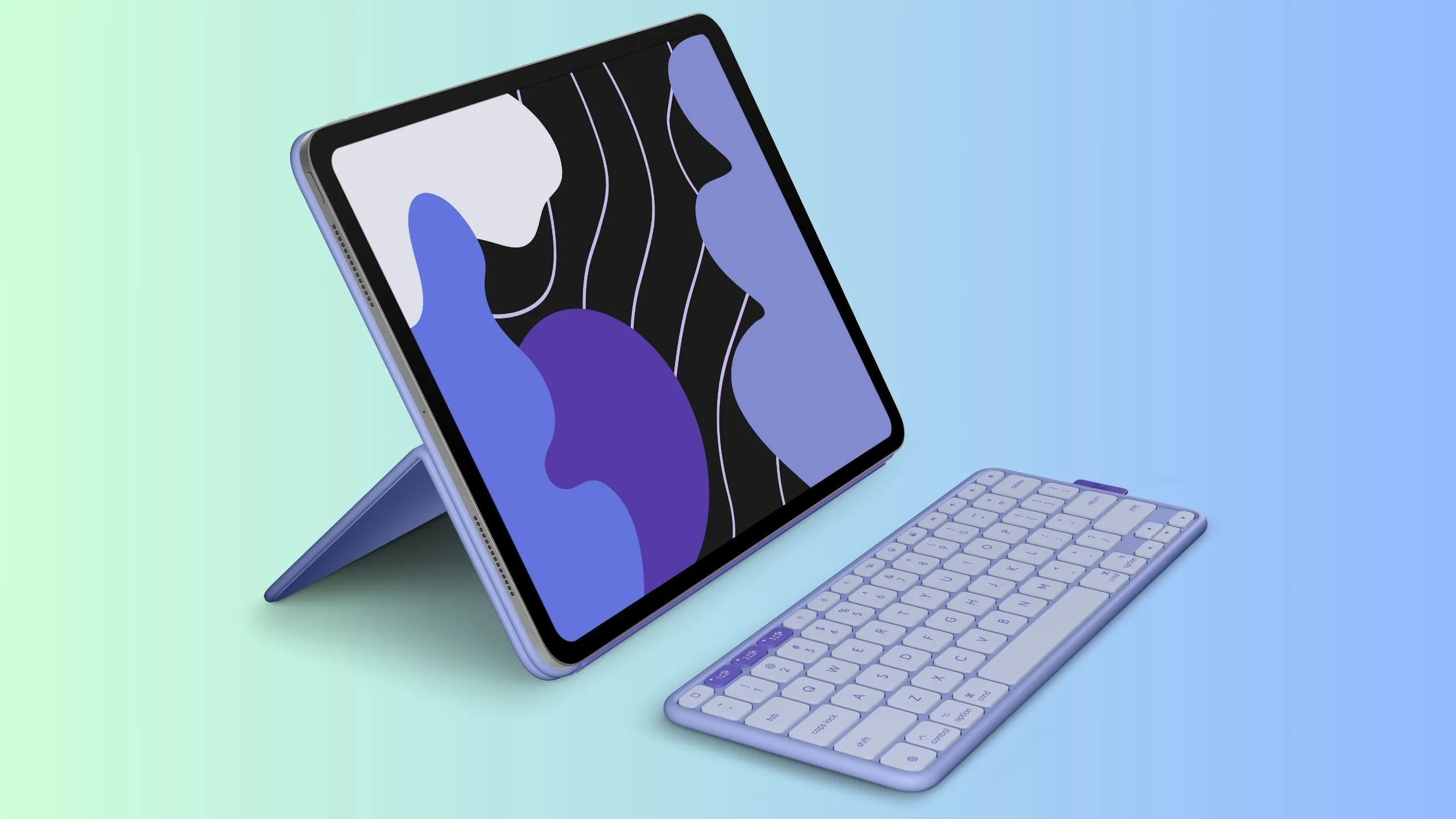 Bàn phím Logitech Flip Folio màu Lilac, thể hiện tùy chọn màu sắc đa dạng và phong cách cá nhân hóa cho phụ kiện iPad