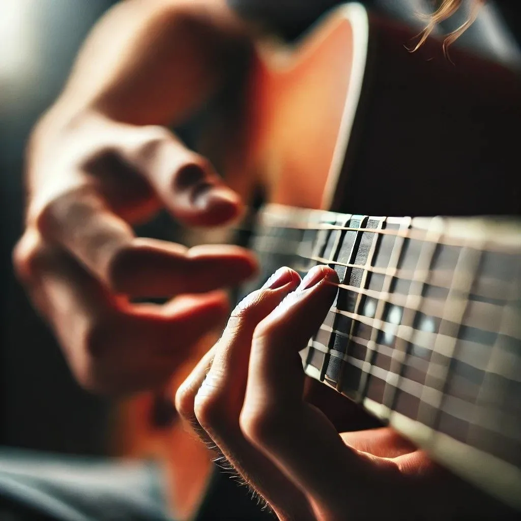 Bàn tay lỗi của AI DALL-E khi chơi hợp âm E thứ trên đàn guitar