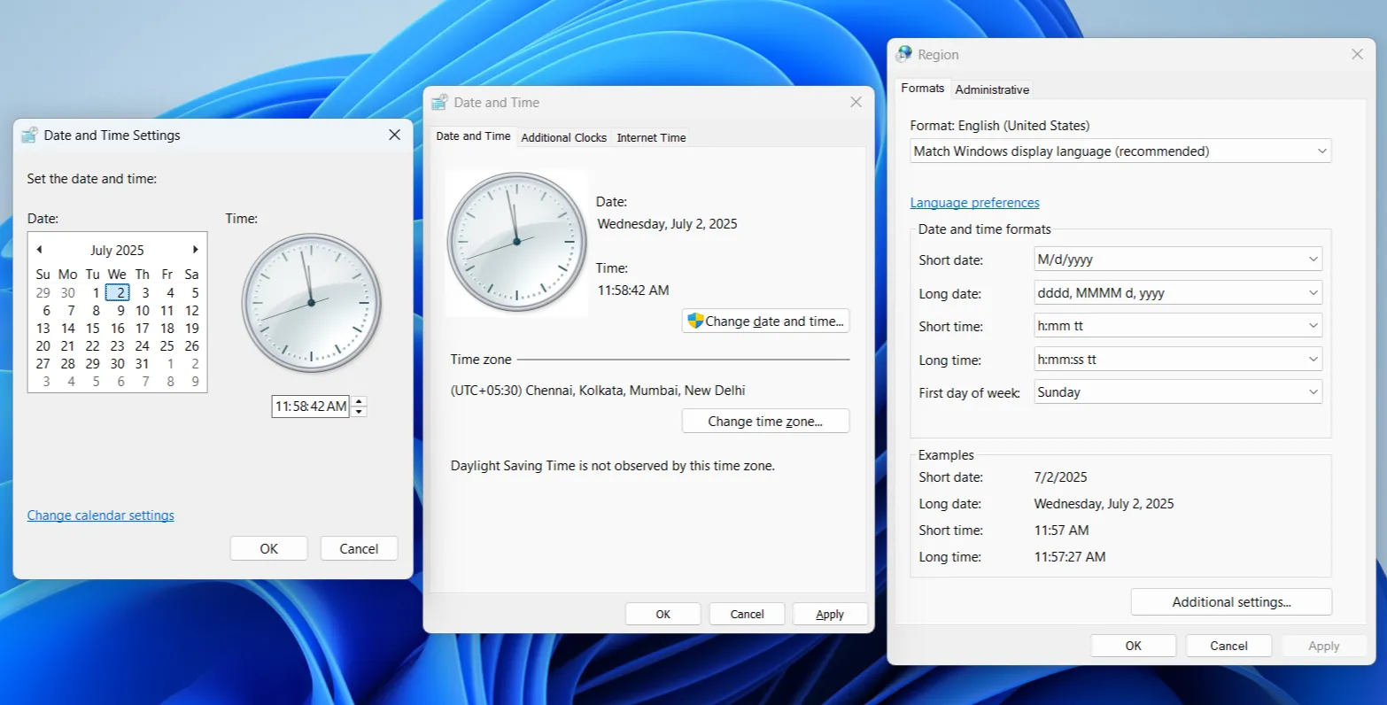 Bảng điều khiển cài đặt ngày giờ truyền thống trên Windows
