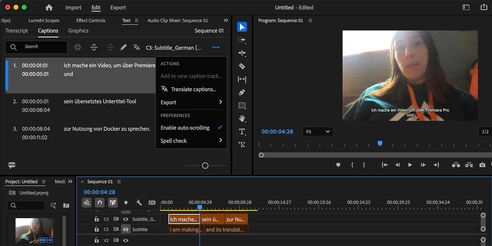 Bảng điều khiển dịch phụ đề tự động bằng AI của Premiere Pro, hỗ trợ dịch sang nhiều ngôn ngữ