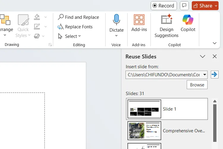 Bảng điều khiển Tái sử dụng Slide (Reuse Slides) trong PowerPoint