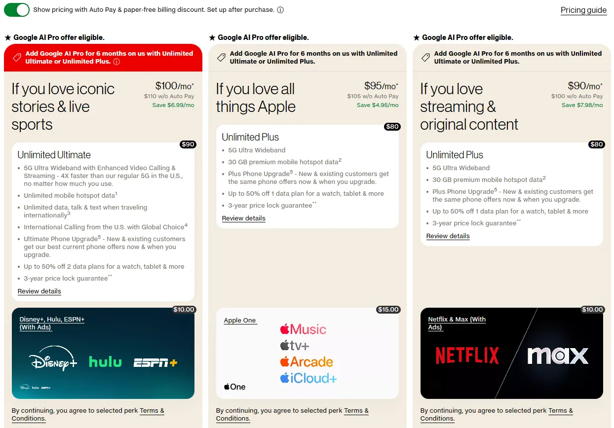 Bảng giá các gói cước di động 'không giới hạn' đắt đỏ của nhà mạng Verizon, minh họa chi phí cao và các điều khoản ẩn