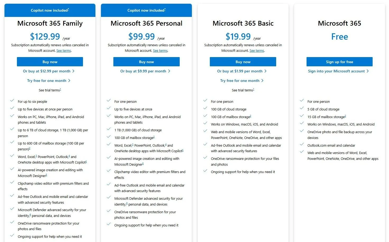 Bảng giá các gói thuê bao Microsoft 365 Personal và Family với dung lượng OneDrive kèm theo