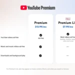 Bảng so sánh chi tiết các gói đăng ký YouTube Premium Lite và YouTube Premium đầy đủ, thể hiện sự khác biệt về tính năng và mức giá