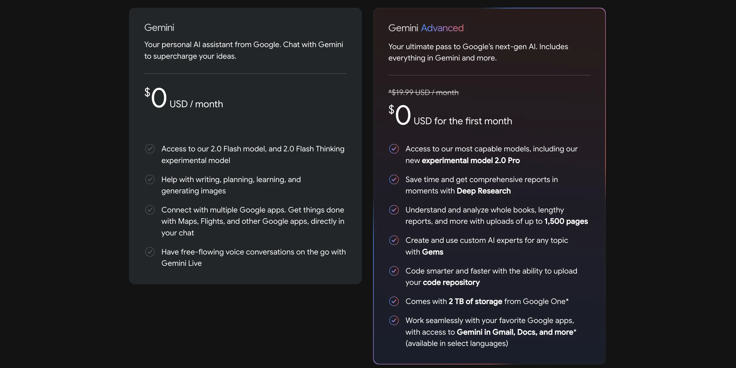 Bảng so sánh chi tiết các tính năng giữa Google Gemini miễn phí và Gemini Advanced