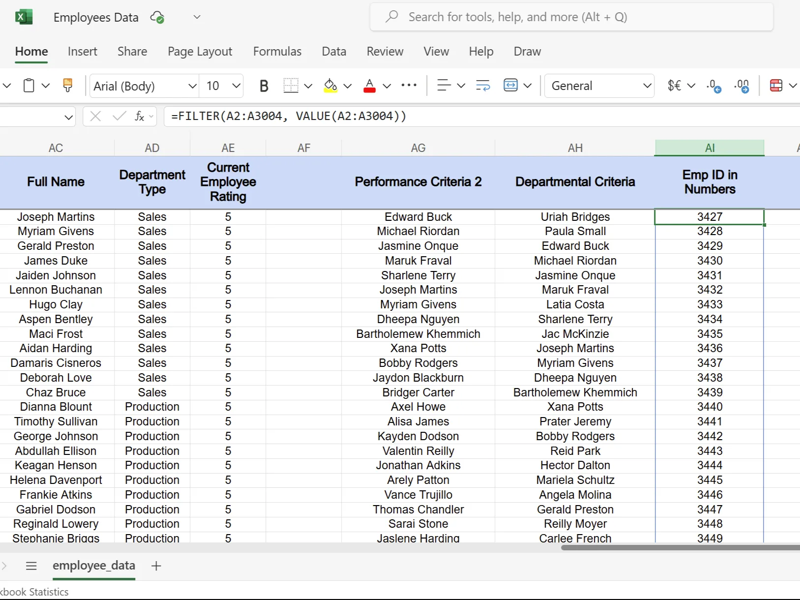 Bảng tính Excel hiển thị ID nhân viên ở định dạng số sử dụng hàm VALUE