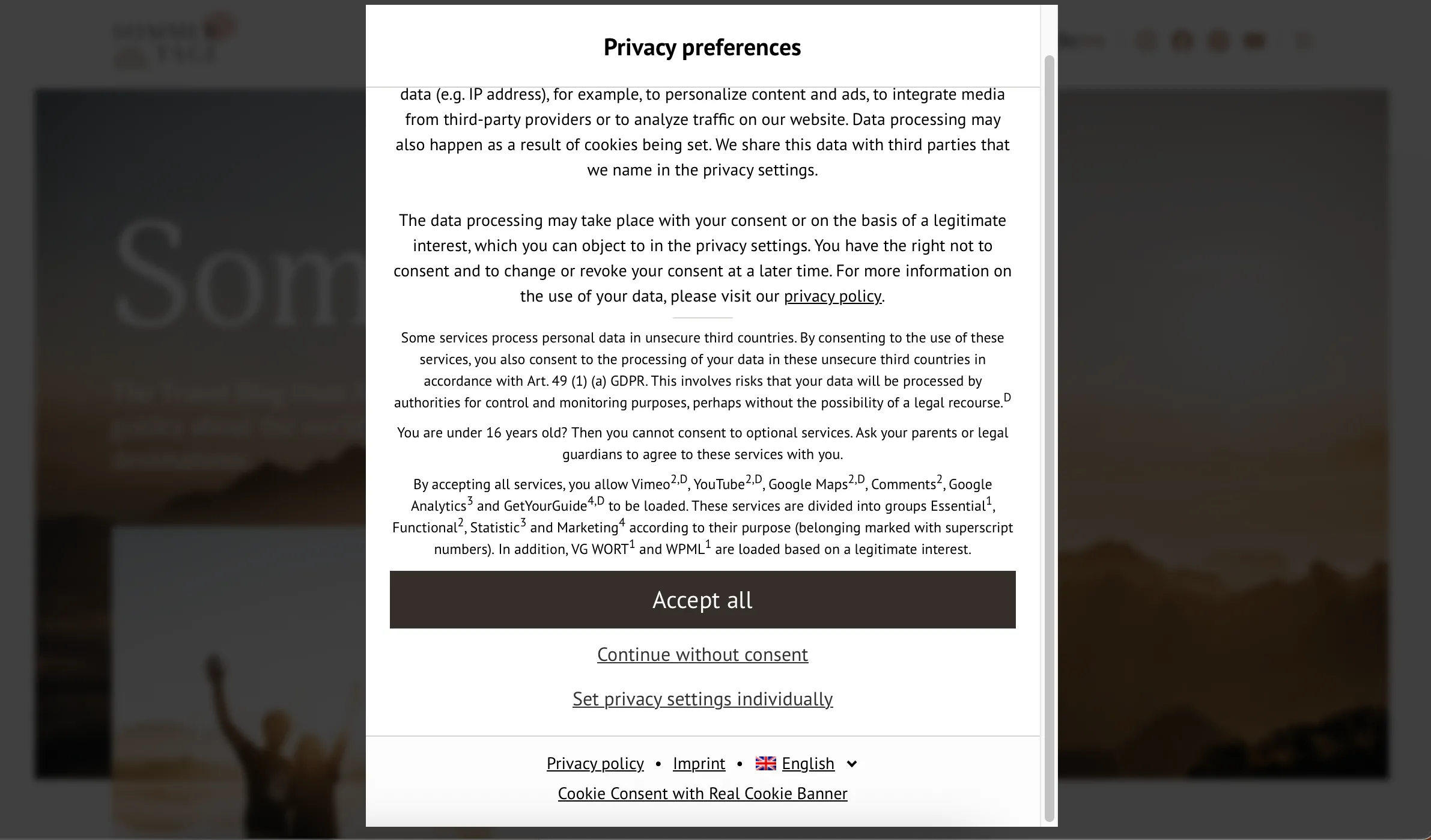 Banner yêu cầu chấp nhận cookie trên một trang web, vấn đề thường gặp khi duyệt web bằng Safari