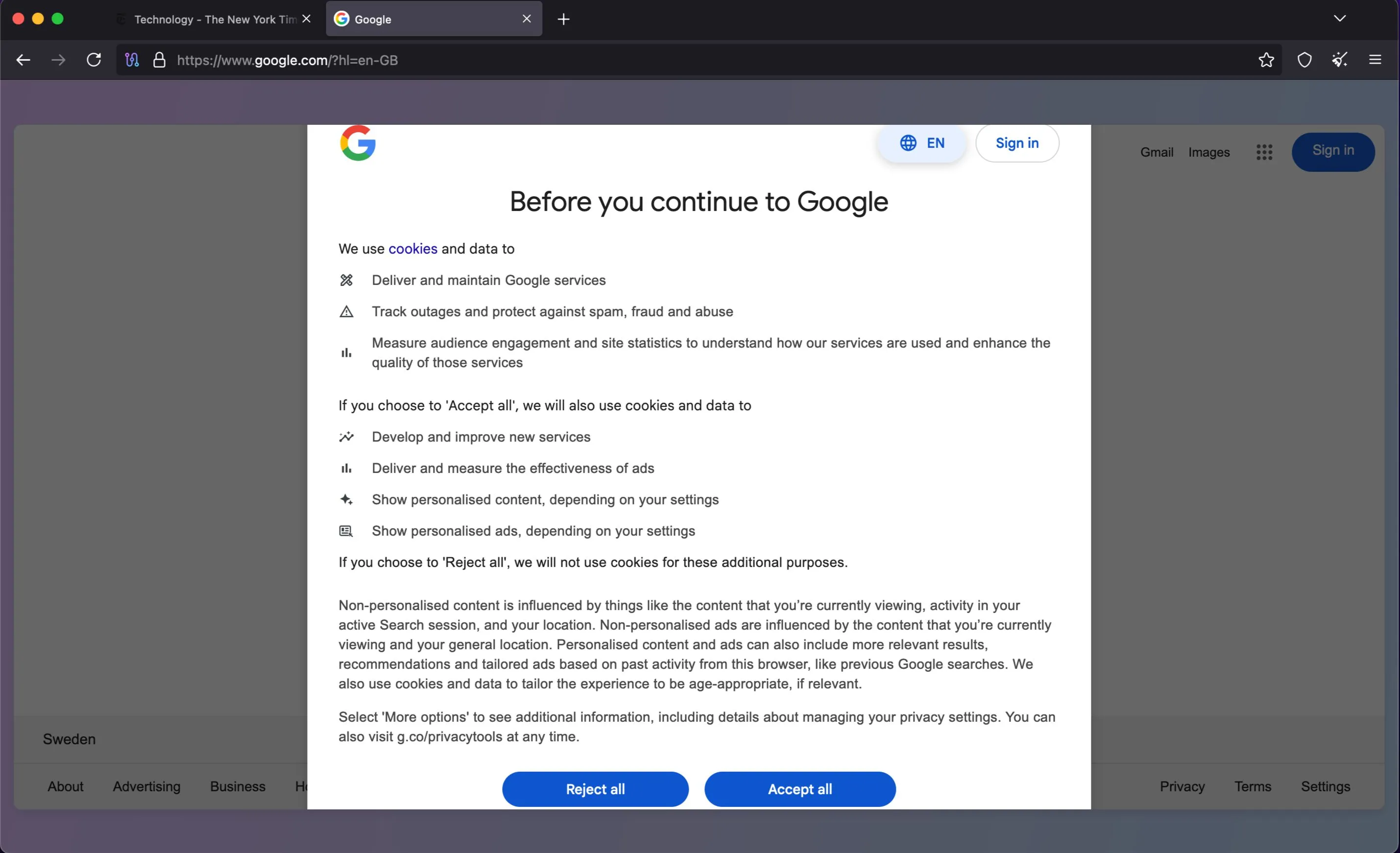 Banner yêu cầu đồng ý cookie của Google hiện lên trong trình duyệt Tor, cho thấy tùy chọn từ chối chi tiết mà người dùng thường không thấy trên các trình duyệt khác.