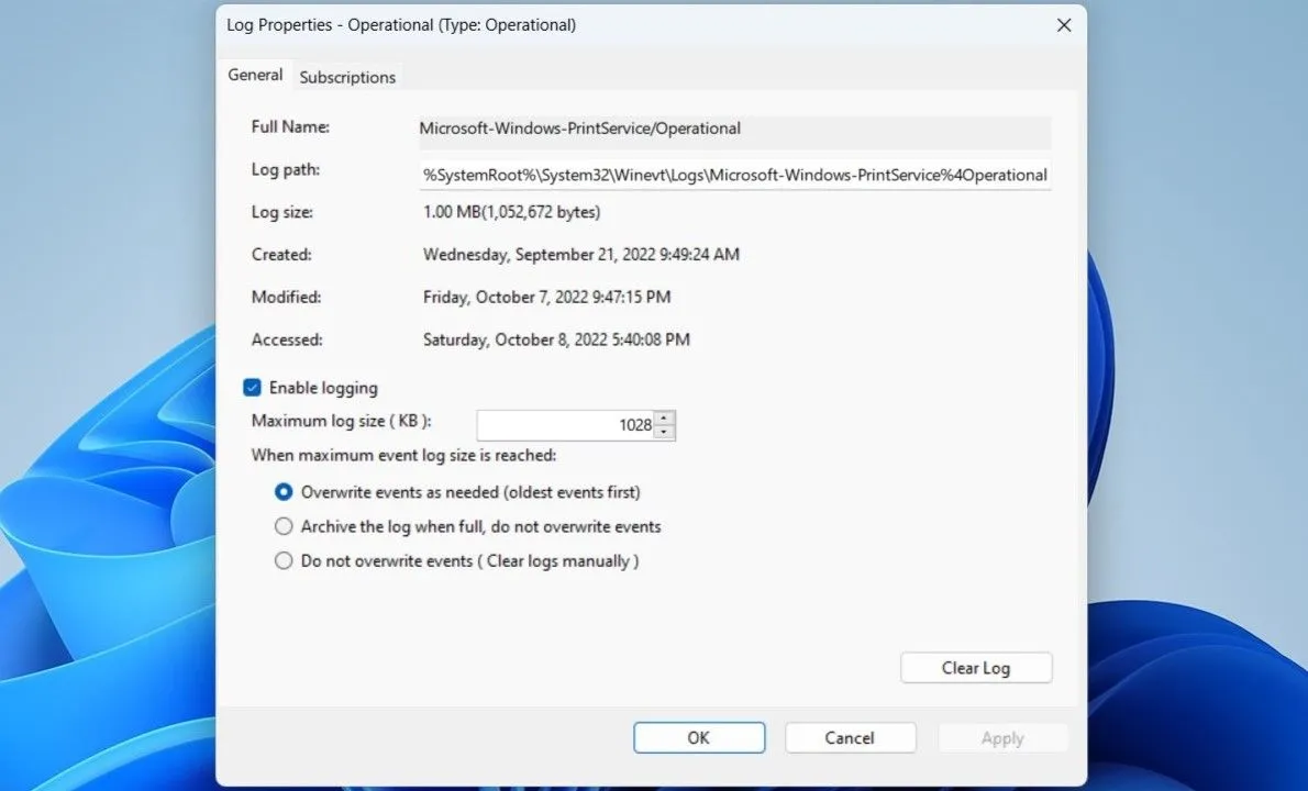 Bật tính năng ghi nhật ký hoạt động in ấn trong cài đặt Event Viewer Windows