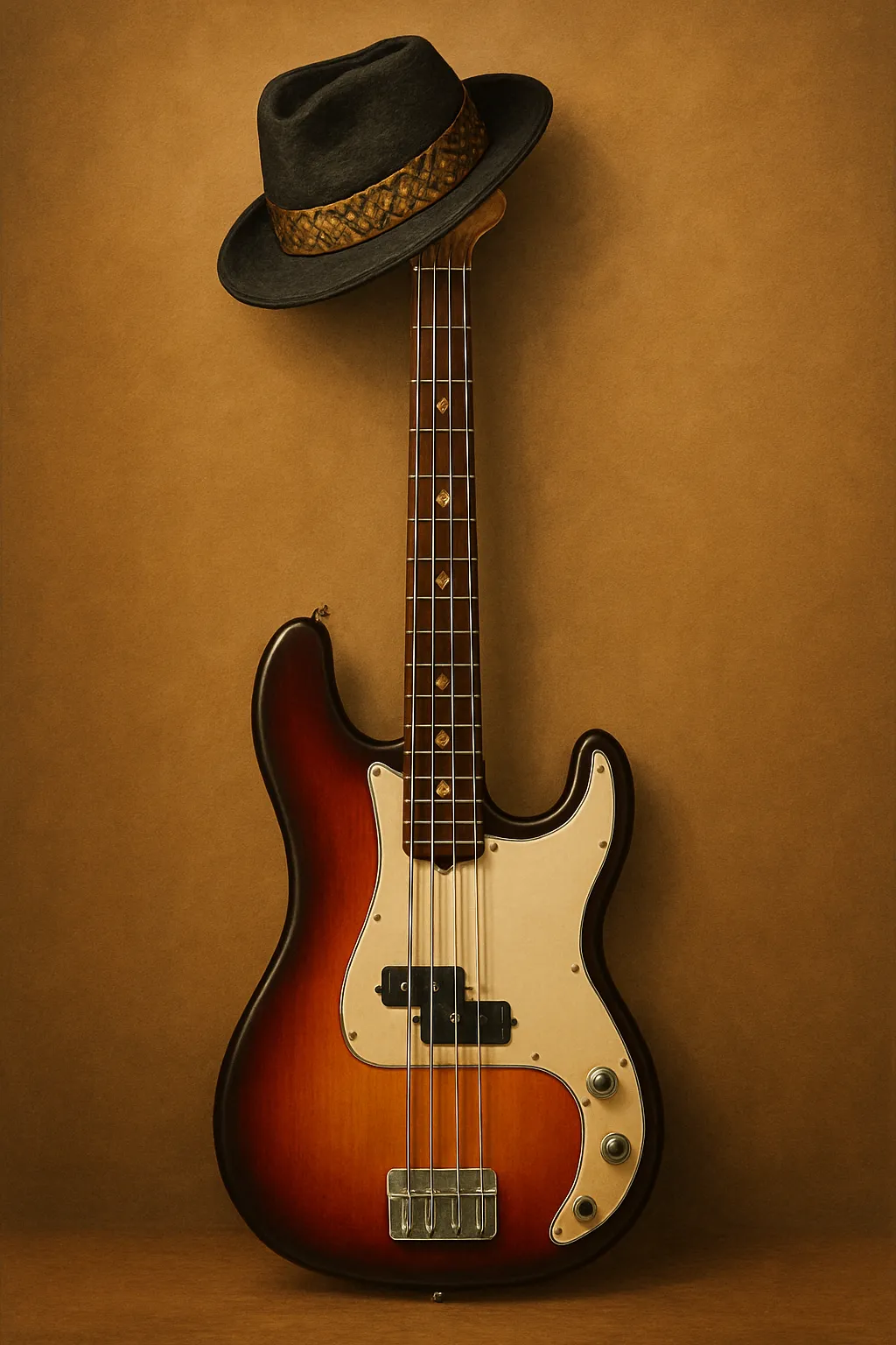 Bìa sách minh họa đàn guitar bass với mũ phớt đen thời trang, ví dụ về ứng dụng AI art trong thiết kế bìa sách tự làm.