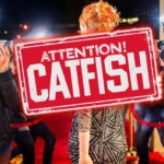 Biển báo chú ý lừa đảo 'catfishing' trên nền hình ảnh người nổi tiếng và paparazzi, minh họa sự giả mạo trong lừa đảo tình cảm trực tuyến.