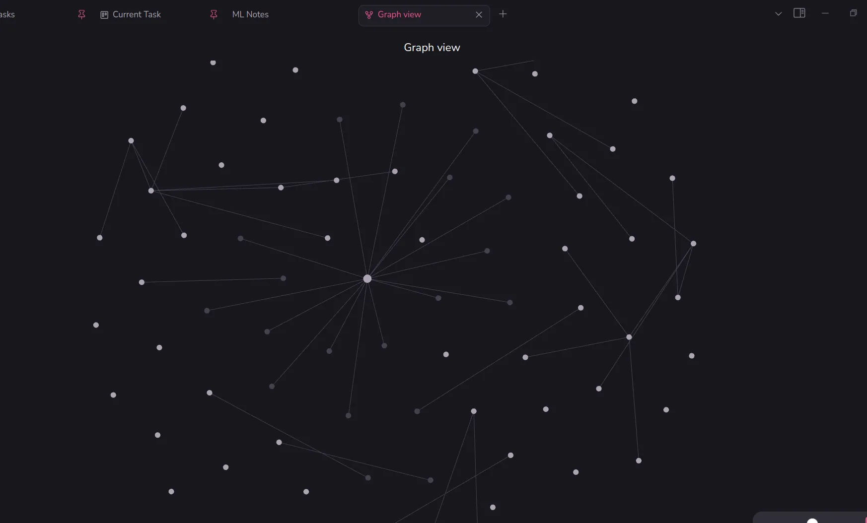 Biểu đồ liên kết Graph View của Obsidian hiển thị mối quan hệ giữa các ghi chú cá nhân, tạo thành mạng lưới tri thức.