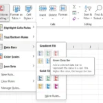 Biểu đồ minh họa các bước chọn Data Bars trong Conditional Formatting trên Excel để trực quan hóa dữ liệu số. Menu hiển thị tùy chọn dải màu và thanh màu đặc.