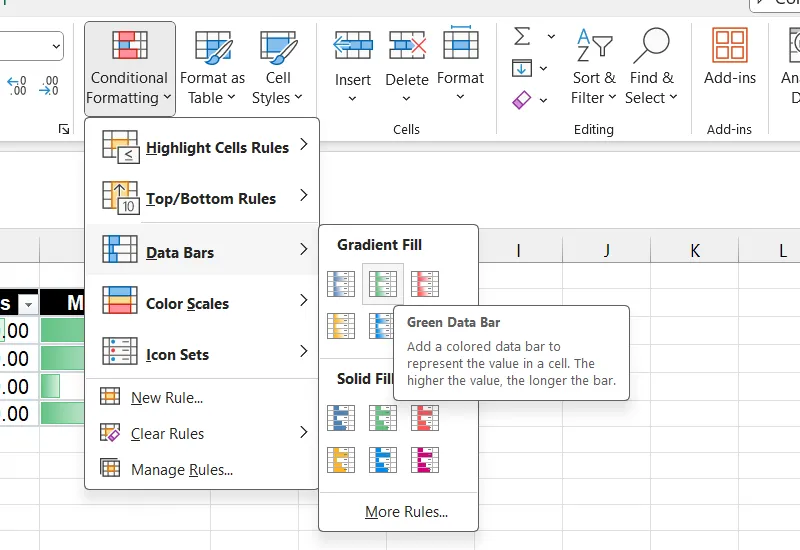 Biểu đồ minh họa các bước chọn Data Bars trong Conditional Formatting trên Excel để trực quan hóa dữ liệu số. Menu hiển thị tùy chọn dải màu và thanh màu đặc.