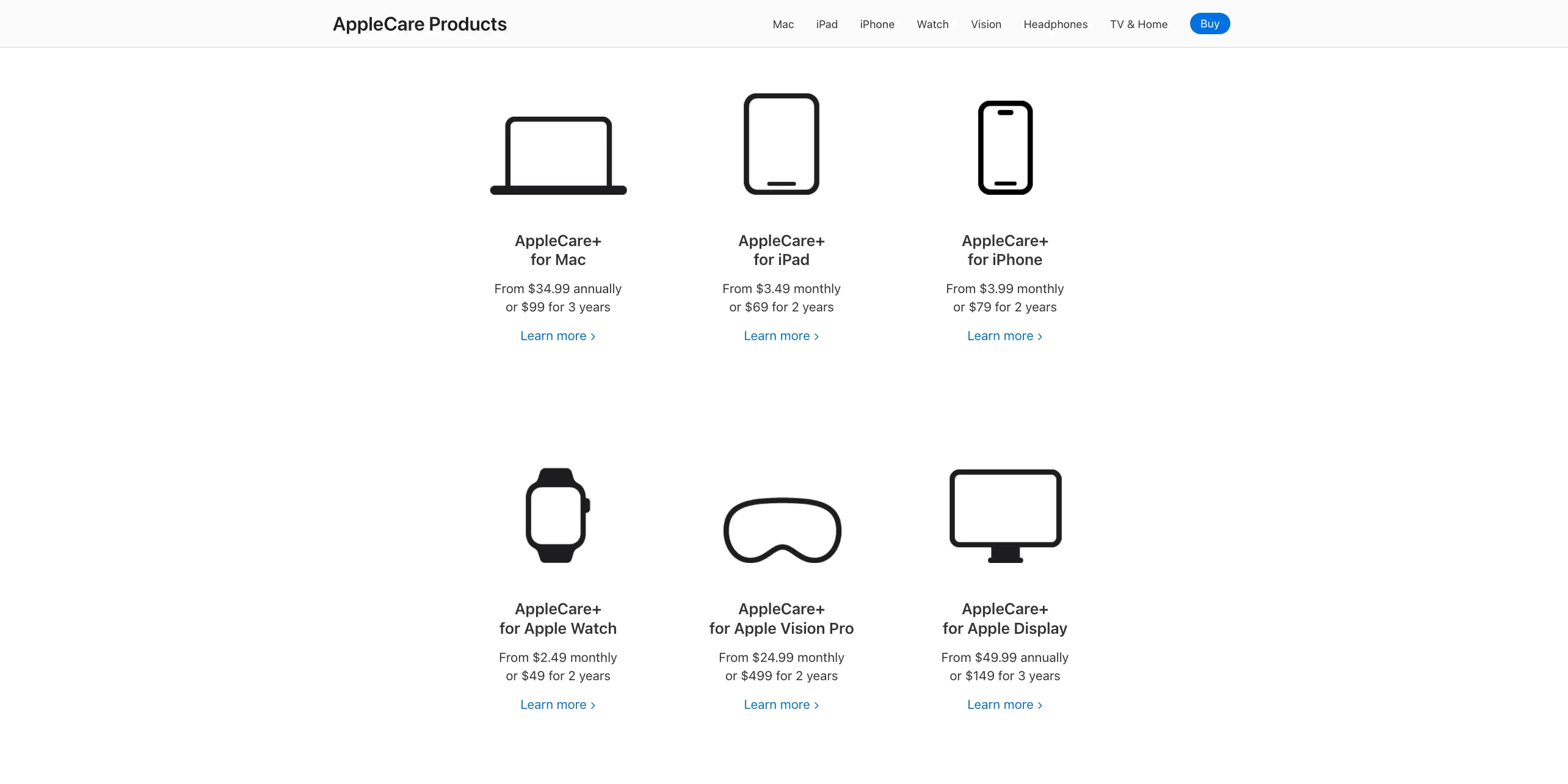 Biểu đồ so sánh giá và các loại gói AppleCare+ dành cho các thiết bị Apple khác nhau như iPhone, Mac và Apple Watch.