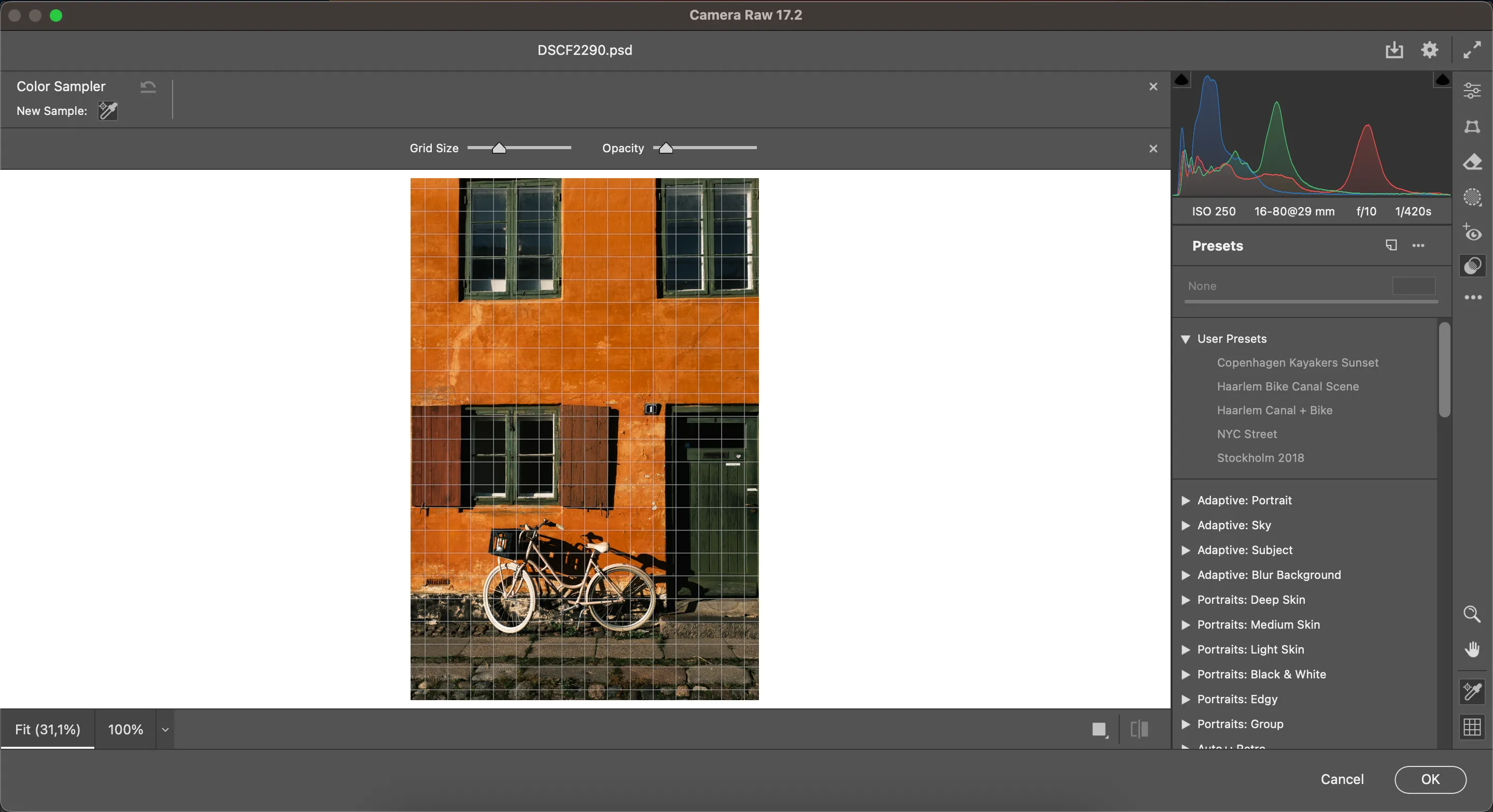Biểu đồ và thanh trượt trong Adobe Camera Raw