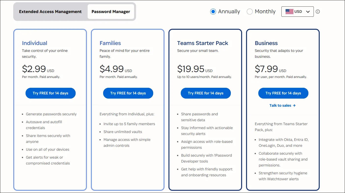 Biểu phí dịch vụ của 1Password, minh họa các gói đăng ký trả phí hàng tháng/năm.