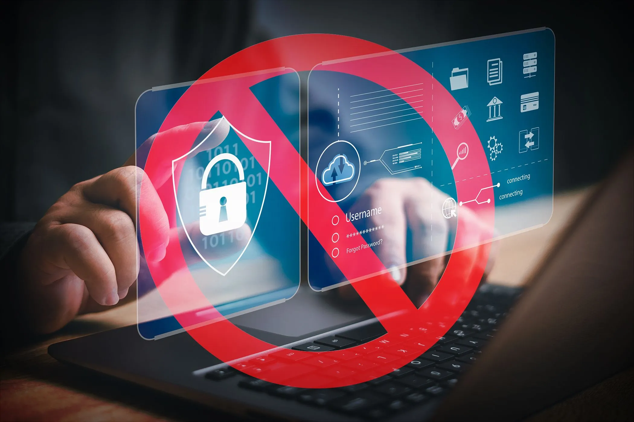 Biểu tượng bảo mật bị cấm trên màn hình laptop, minh họa hạn chế về mã hóa và bảo mật dữ liệu của Smart DNS Proxy so với VPN.