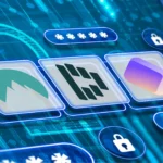 Biểu tượng các trình quản lý mật khẩu phổ biến như NordPass, Dashlane, và Proton Pass cùng biểu tượng bảo mật dữ liệu mật khẩu.