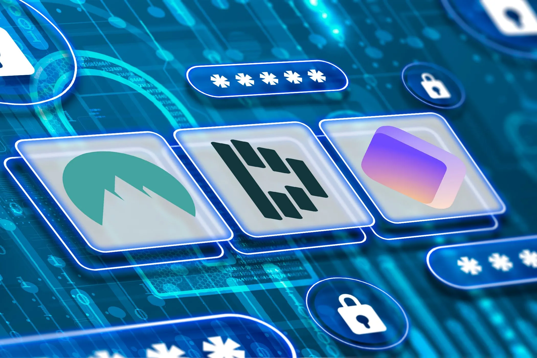 Biểu tượng các trình quản lý mật khẩu phổ biến như NordPass, Dashlane, và Proton Pass cùng biểu tượng bảo mật dữ liệu mật khẩu.