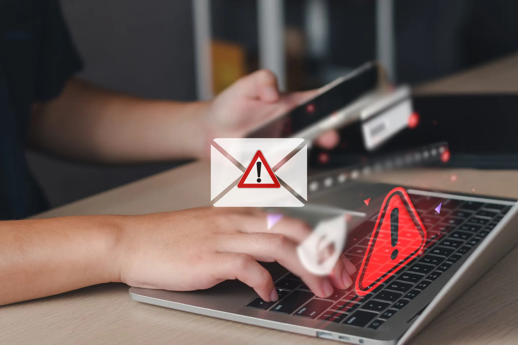 Biểu tượng email lừa đảo với người dùng laptop và điện thoại, minh họa nguy cơ lừa đảo và gian lận trên Dark Web