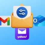 Biểu tượng email với bộ lọc cùng logo Gmail, Yahoo Mail và Outlook thể hiện việc sử dụng nhiều tài khoản email để mua sắm ẩn danh.