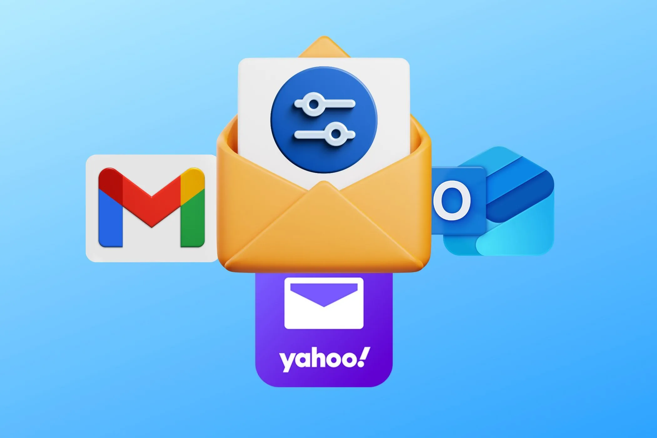 Biểu tượng email với bộ lọc cùng logo Gmail, Yahoo Mail và Outlook thể hiện việc sử dụng nhiều tài khoản email để mua sắm ẩn danh.