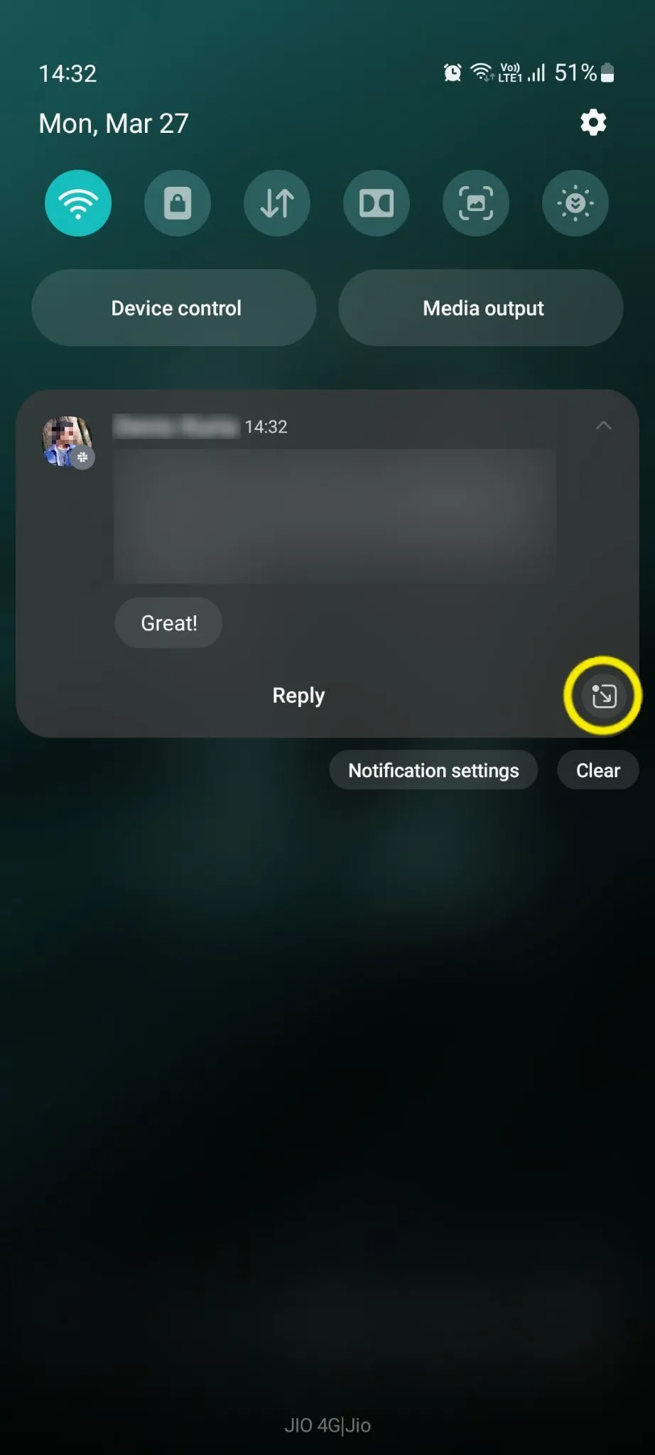 Biểu tượng kích hoạt bong bóng thông báo nổi trên bảng cài đặt nhanh Samsung