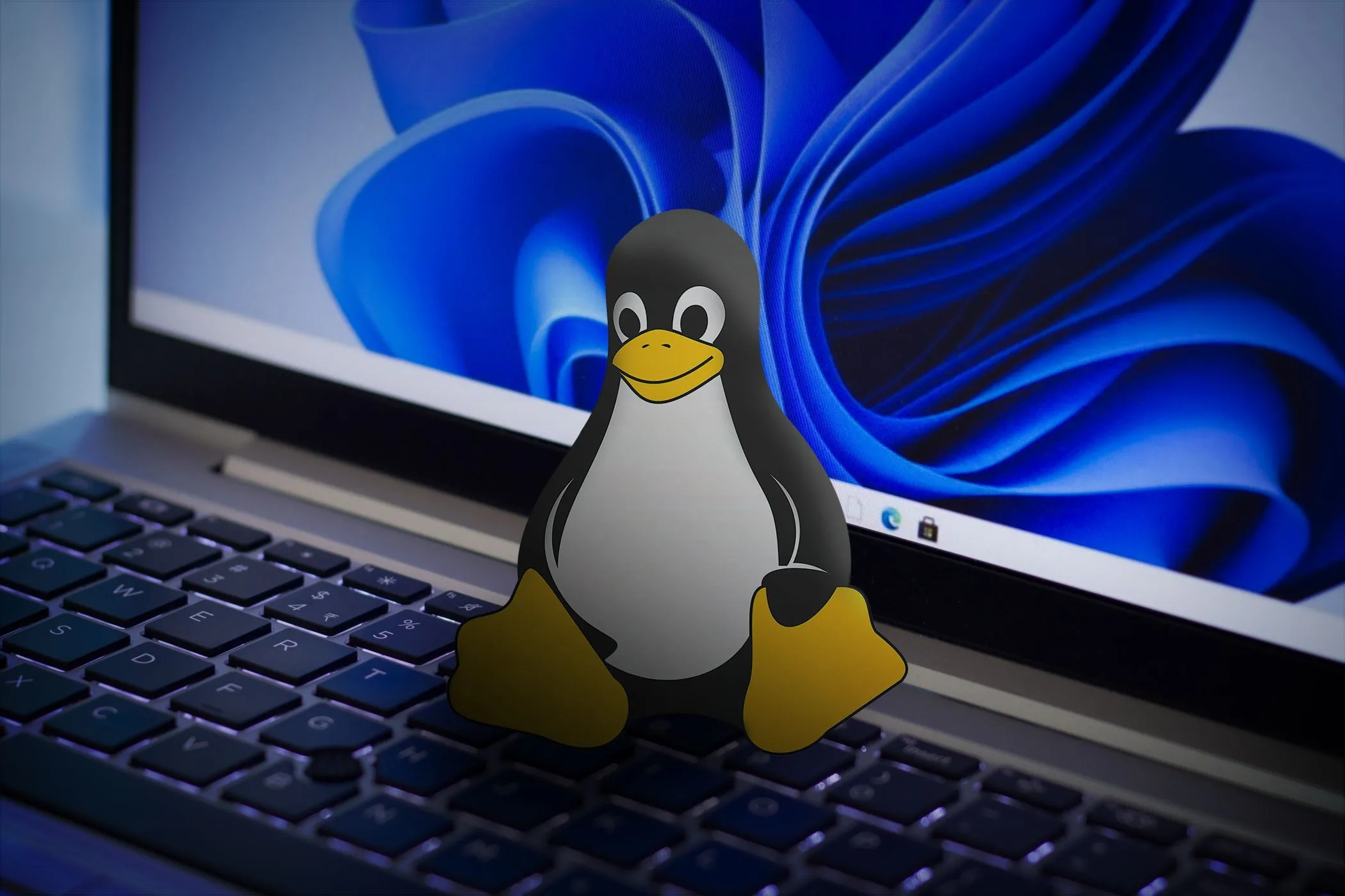 Biểu tượng Linux trên bàn phím laptop, màn hình hiển thị nền Windows 11, gợi ý về lựa chọn hệ điều hành thay thế nhẹ hơn.