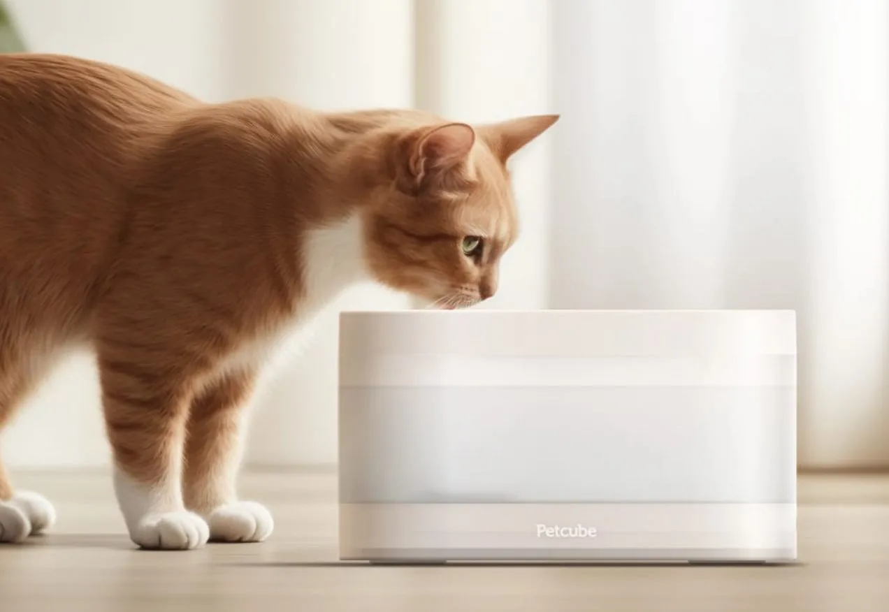 Bình nước lọc thông minh Petcube với hệ thống lọc tiên tiến, một chú mèo đang uống nước.