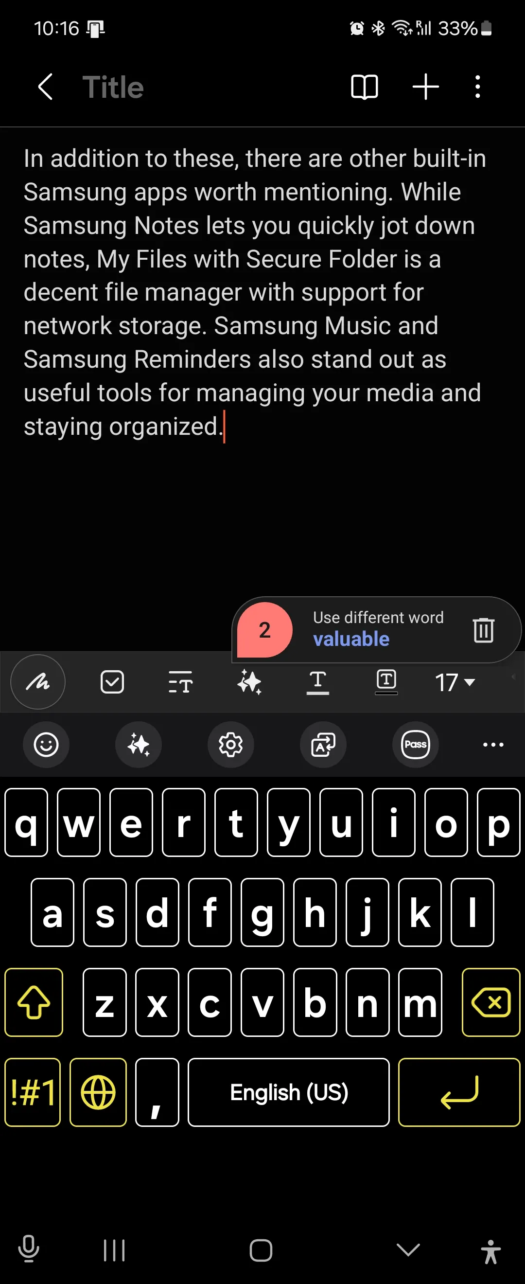 Bố cục bàn phím Samsung trong Samsung Notes
