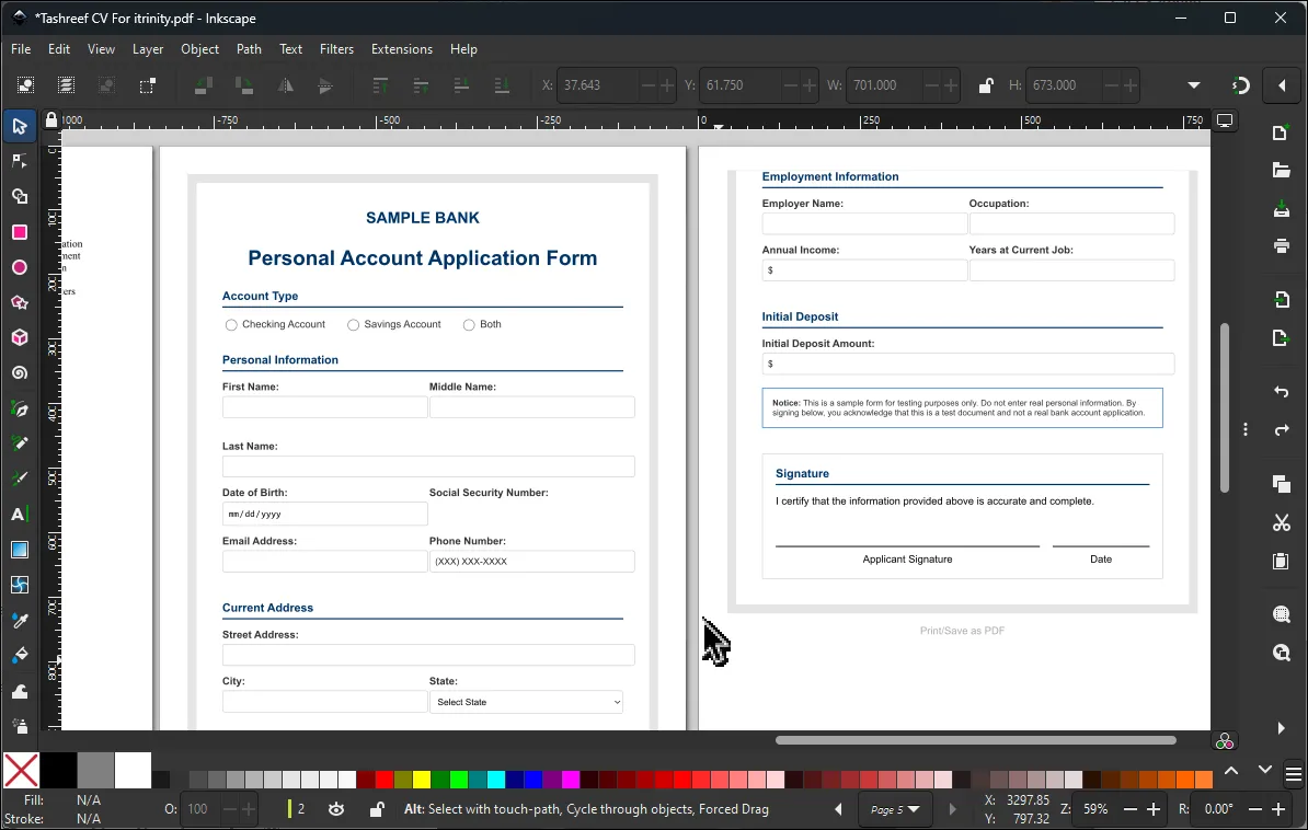 Bố cục chỉnh sửa PDF trong Inkscape, cho phép chỉnh sửa đối tượng đồ họa và văn bản vector