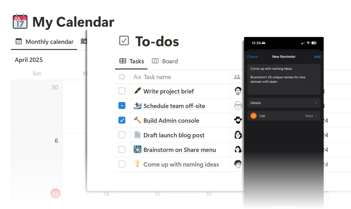 Bố cục màn hình với Google Calendar, Notion và Apple Reminders, minh họa cách đơn nhiệm khi lập kế hoạch tuần.
